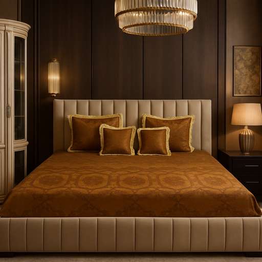 Royal Gold Jacquard Velvet Bedsheet Set with Fringed Cushion Covers – King Size